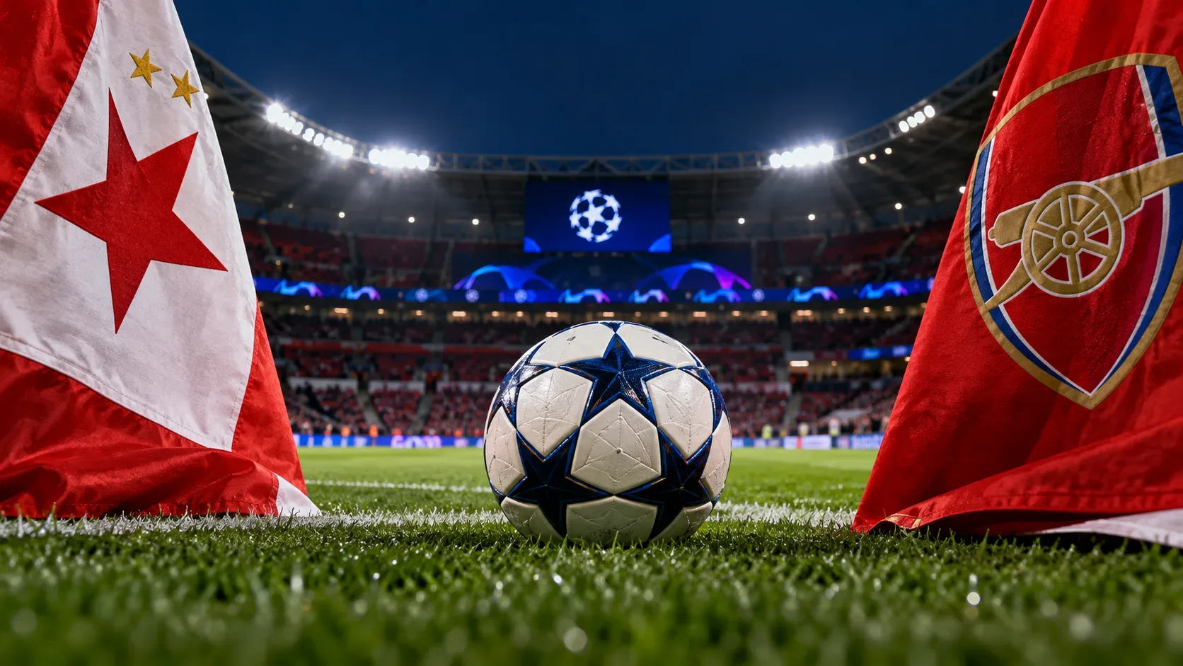 Bola branca com estrelas azuis sobre o gramado, entre uma bandeira vermelha e branca com estrela e outra vermelha com escudo de canhão, em estádio iluminado à noite.