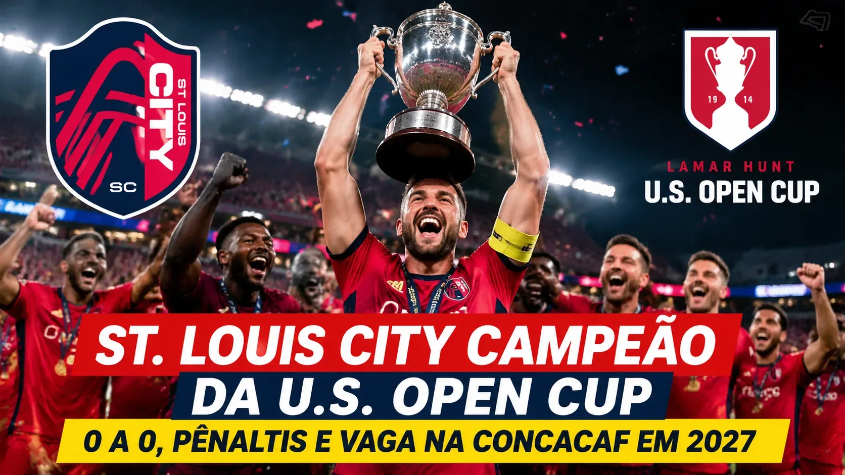 Arte digital de jogadores em uniformes vermelhos erguendo uma taça em estádio iluminado, com letreiros sobre o título do St. Louis CITY, os pênaltis e a vaga na Concacaf em 2027.