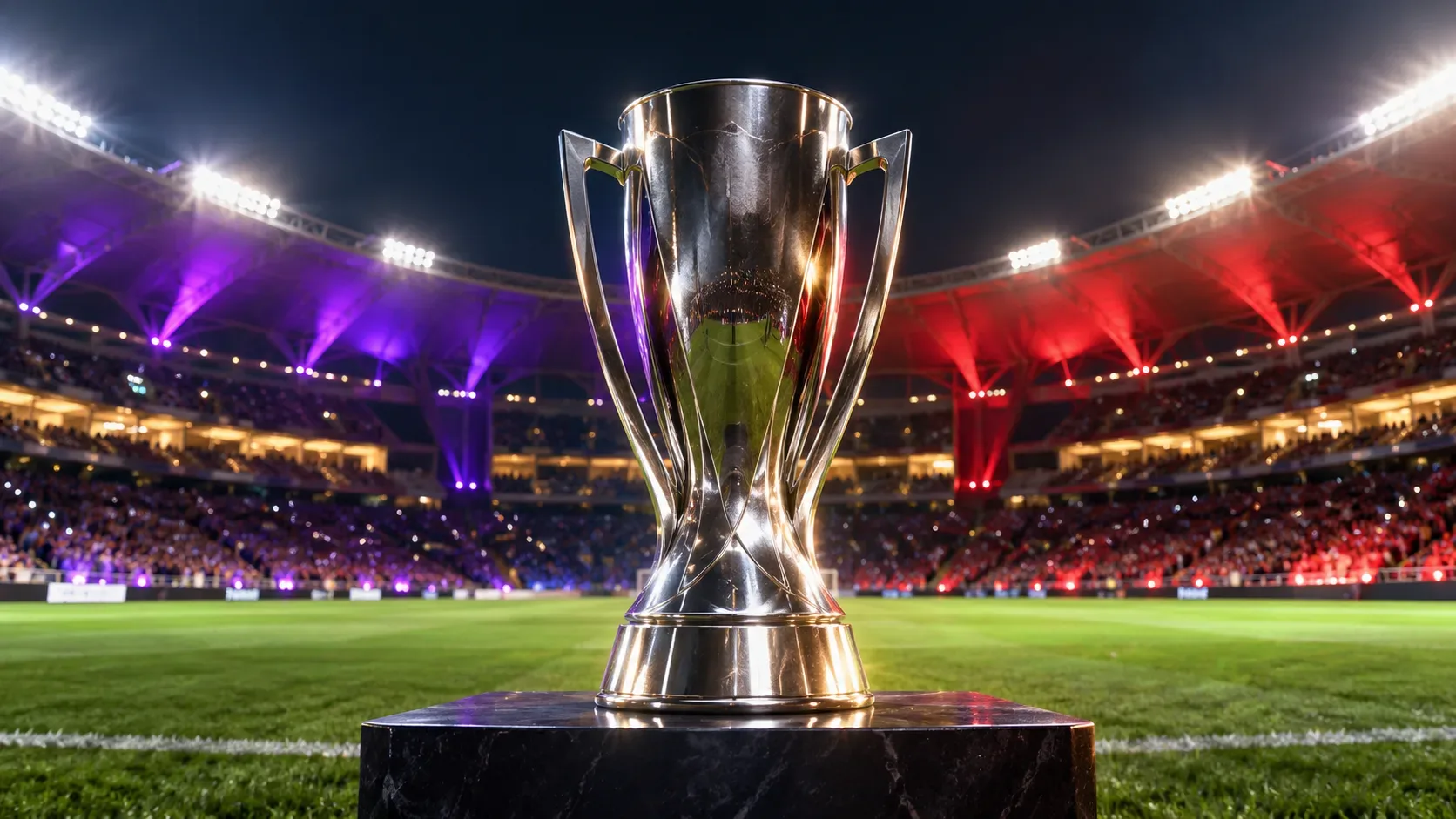 Taça prateada sobre pedestal escuro ao lado do gramado de um estádio noturno, com arquibancadas iluminadas por luzes roxas e vermelhas.