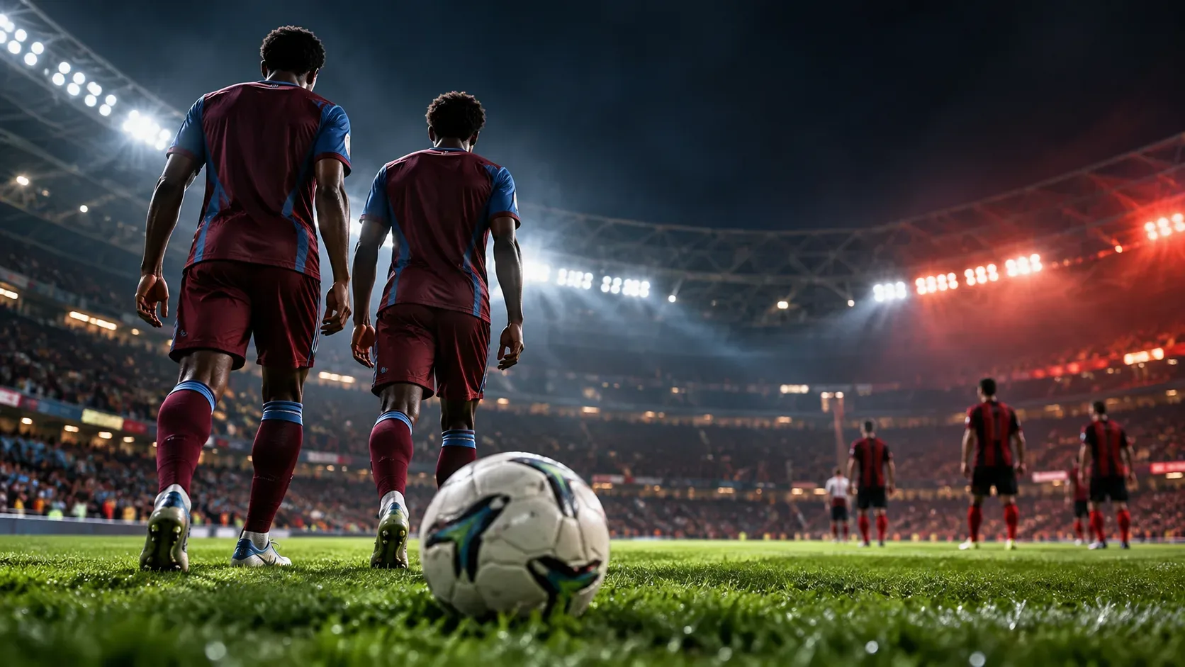 Dois jogadores de uniforme vinho com detalhes azuis, vistos de costas em estádio iluminado, com bola em primeiro plano e adversários desfocados ao fundo.