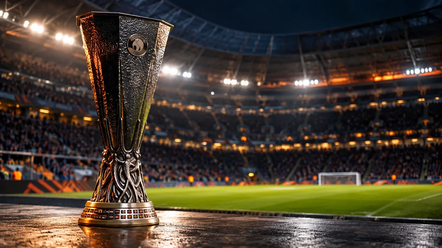 Taça metálica em primeiro plano sobre superfície molhada, com gramado e arquibancadas de um estádio iluminado à noite.