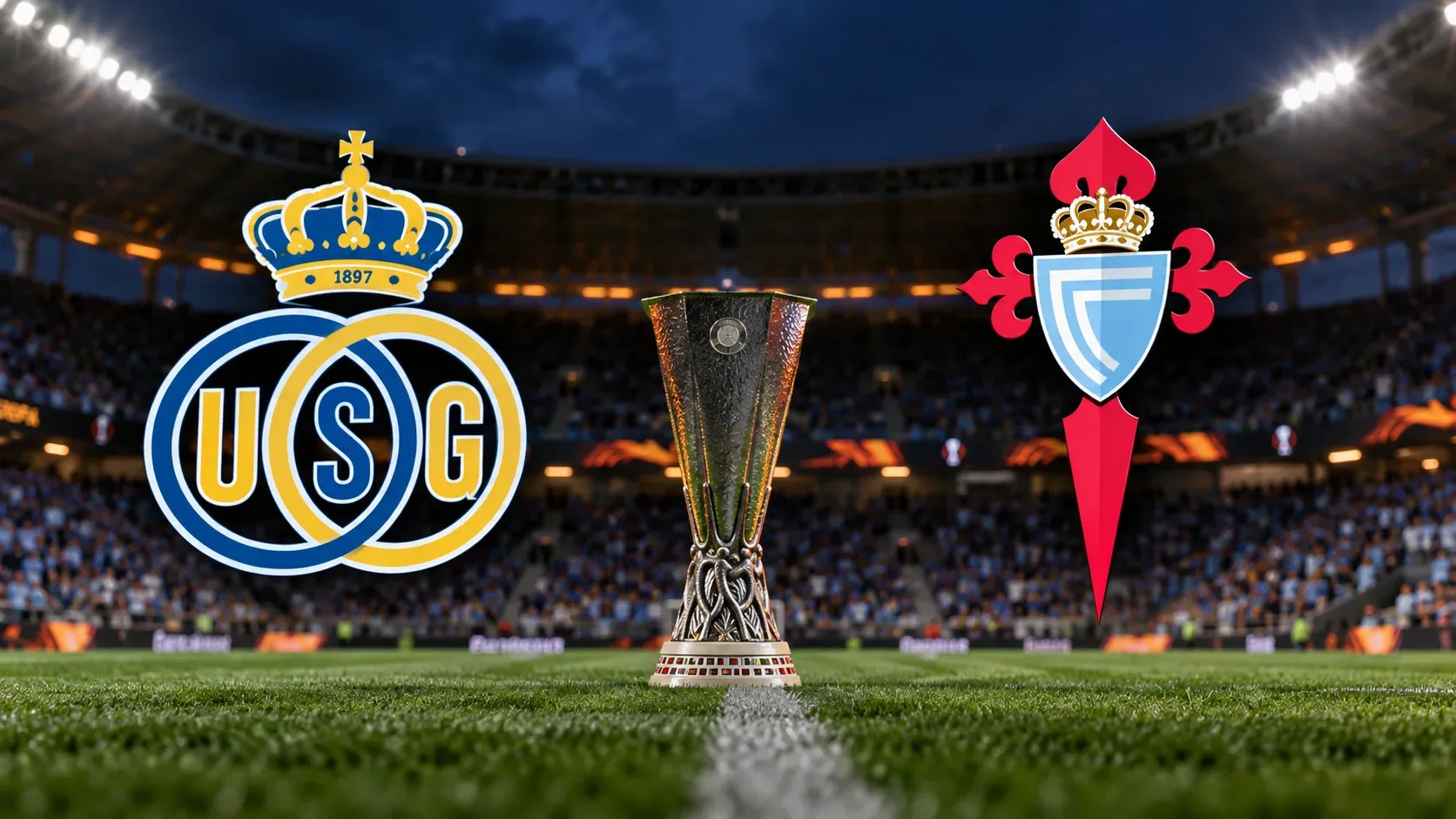 Arte digital de estádio iluminado à noite, com um troféu sobre o gramado ao centro e símbolos gráficos da Union SG e do Celta nas laterais.