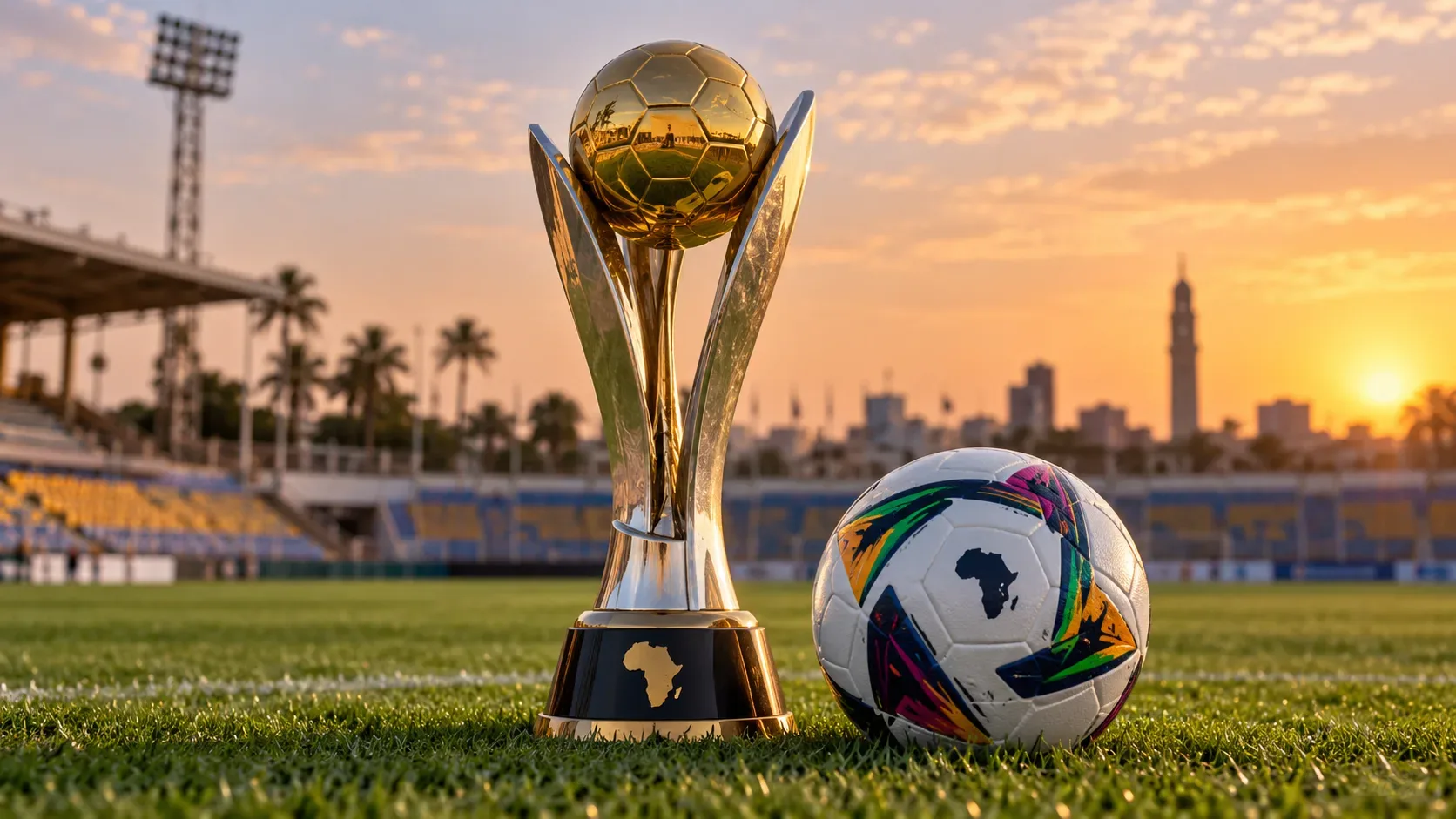 Imagem ilustrativa de troféu metálico e bola de futebol com o continente africano, sobre o gramado de um estádio ao pôr do sol.