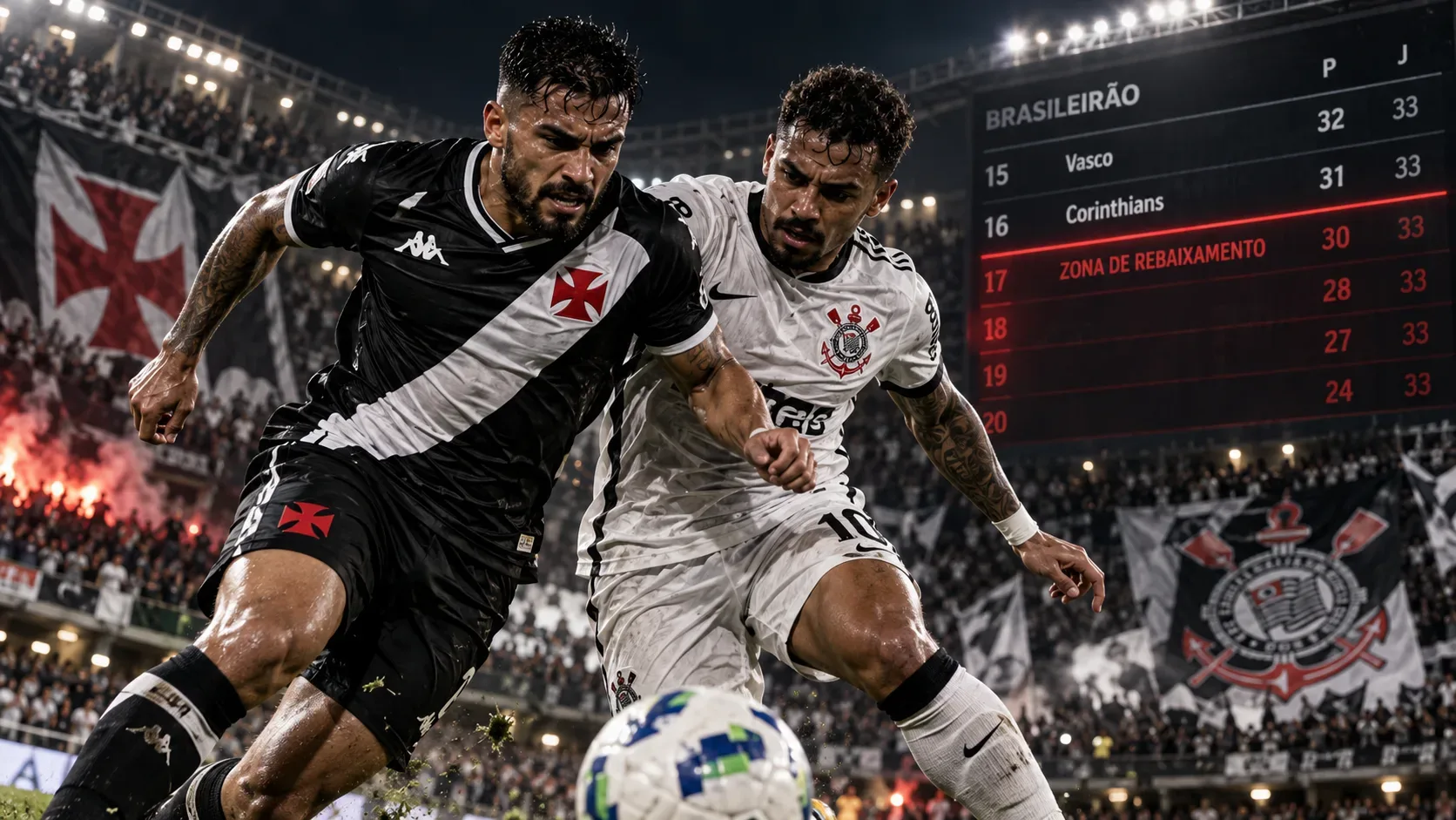 Arte ilustrativa de dois jogadores com uniformes associados a Vasco e Corinthians disputando a bola em estádio iluminado, com torcidas e painel gráfico de classificação ao fundo.