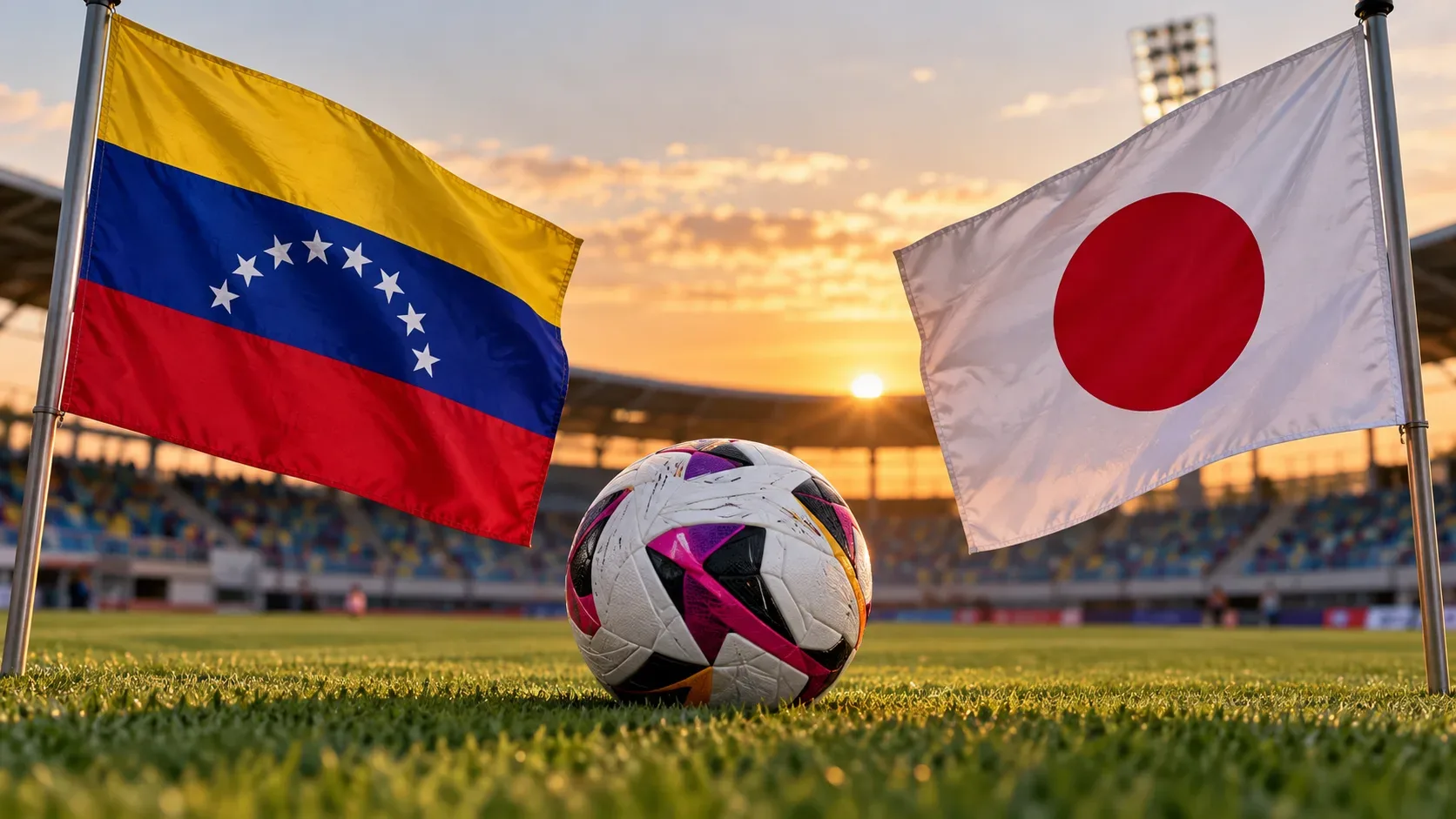 Bola de futebol no gramado de um estádio ao pôr do sol, entre as bandeiras da Venezuela e do Japão, com arquibancadas desfocadas ao fundo.