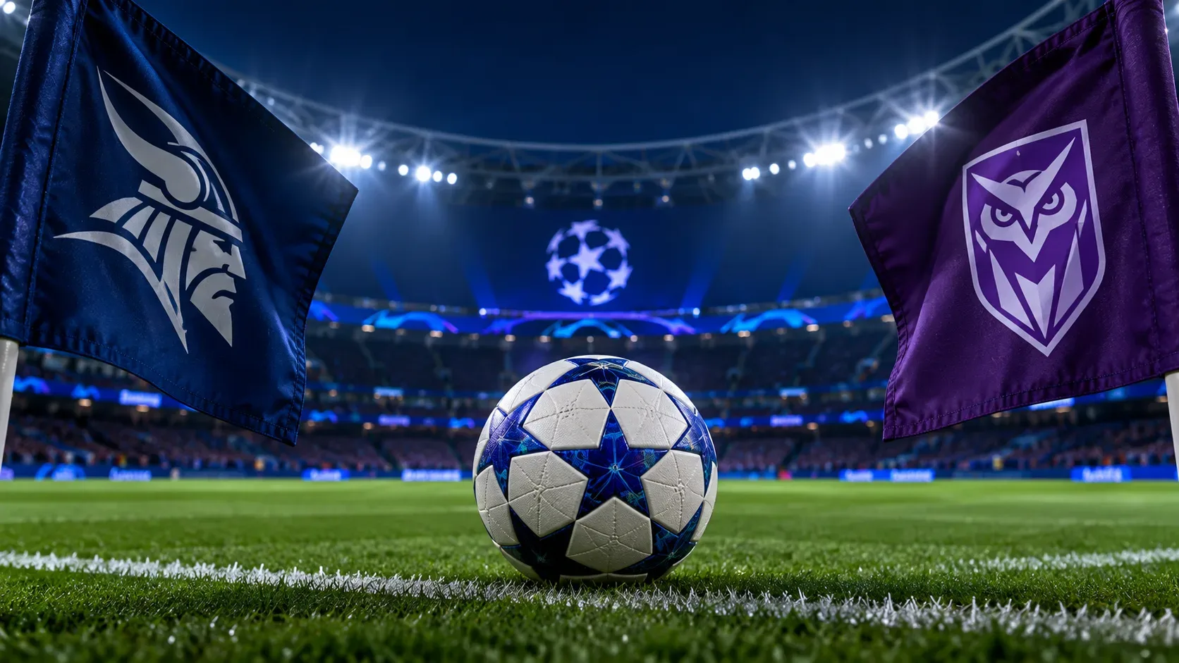 Bola branca e azul no gramado de um estádio iluminado à noite, entre uma bandeira azul-marinho e outra roxa com emblemas estilizados.