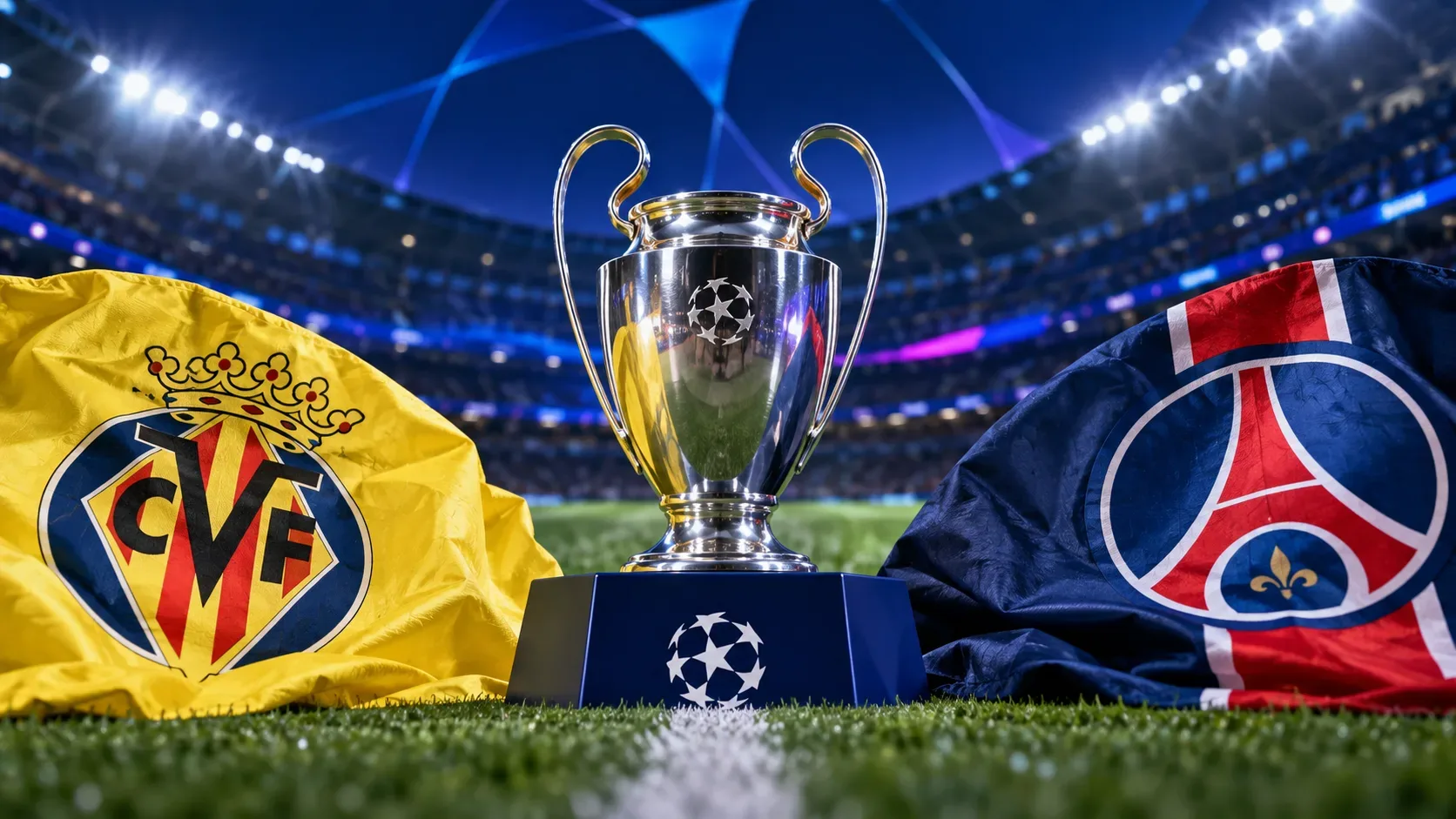 Cena ilustrativa de troféu prateado em estádio iluminado, entre uma bandeira amarela do Villarreal e outra azul e vermelha do PSG.
