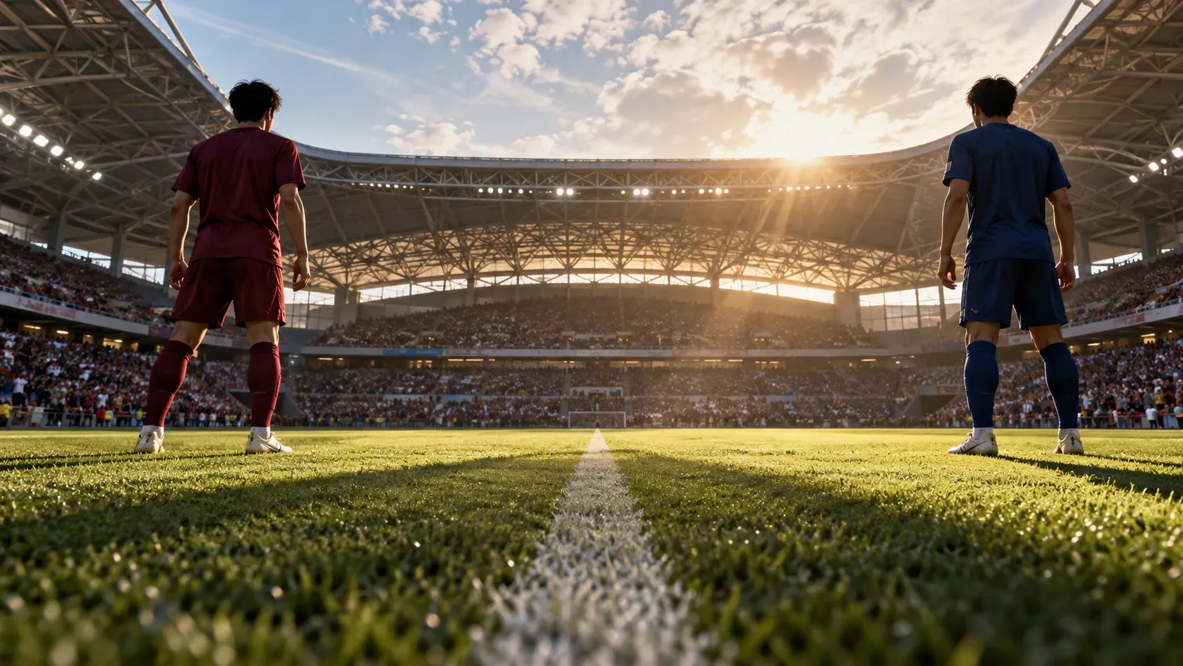 Dois jogadores de futebol vistos de costas, um com uniforme vinho e outro azul-marinho, diante da linha central de um gramado ensolarado e de arquibancadas cheias.