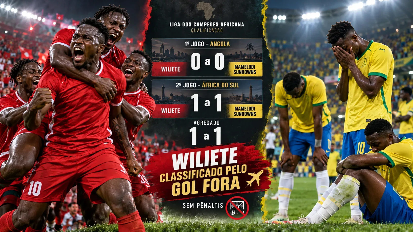 Montagem ilustrativa com jogadores de vermelho celebrando à esquerda e de amarelo lamentando à direita; ao centro, quadro com 0 a 0 na ida, 1 a 1 na volta e classificação pelo gol fora.